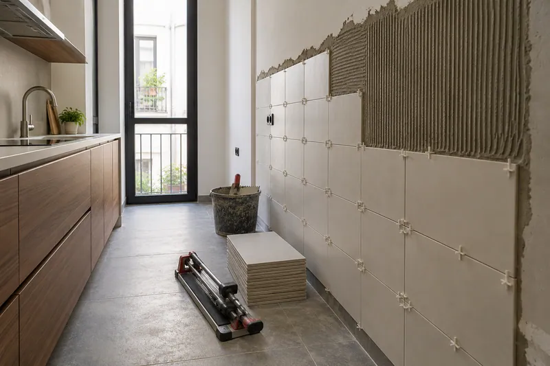Visualización conceptual IA: Colocación de azulejos con separadores y adhesivo sobre una pared de cocina.