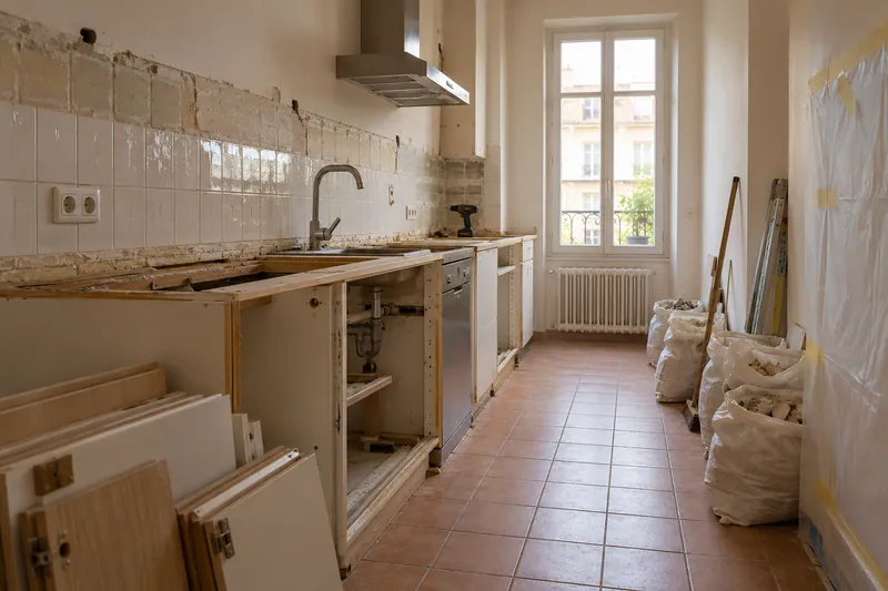 Visualización conceptual IA: Retirada de muebles y revestimientos al comienzo de una reforma de cocina.