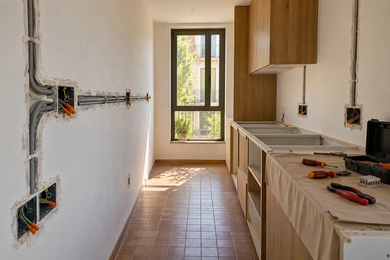 Visualización conceptual IA: Canalizaciones y cajas eléctricas durante la preparación de una cocina.