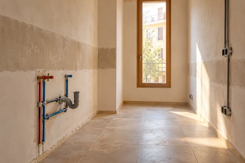 Visualización conceptual IA: Tuberías de suministro y desagüe durante la renovación de una cocina.