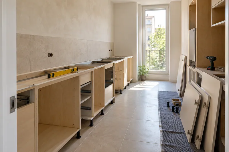 Visualización conceptual IA: Módulos de cocina en montaje con puertas pendientes de colocar.